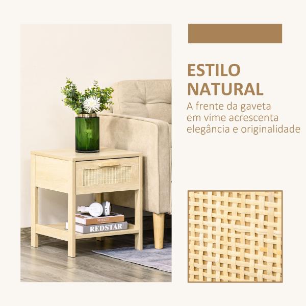 Mesa de cabeceira em malha Mesa lateral com gaveta e prateleira inferior em DM e vime para quarto Sala 40x40x48 cm Cor madeira
