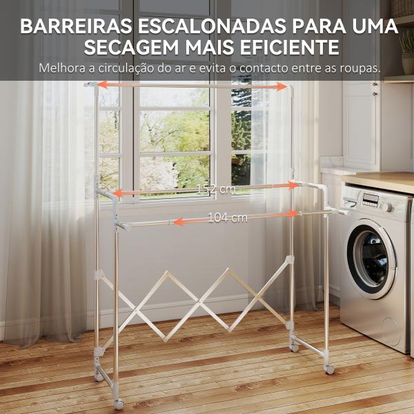 Estendal Vertical Dobrável de 3 Níveis Estendal de Aço Inoxidável com 3 Barras Ajustáveis e Extensíveis 4 Rodas 104 - 150x103x145 - 197 cm Prateado