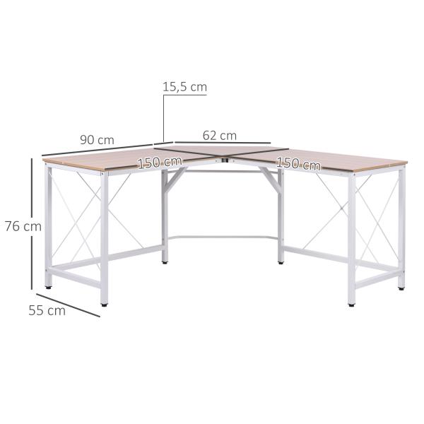 Secretária em Forma de L Secretária para Escritório com Estrutura de Metal Secretária de Canto 150x150x76 cm Branco e Madeira