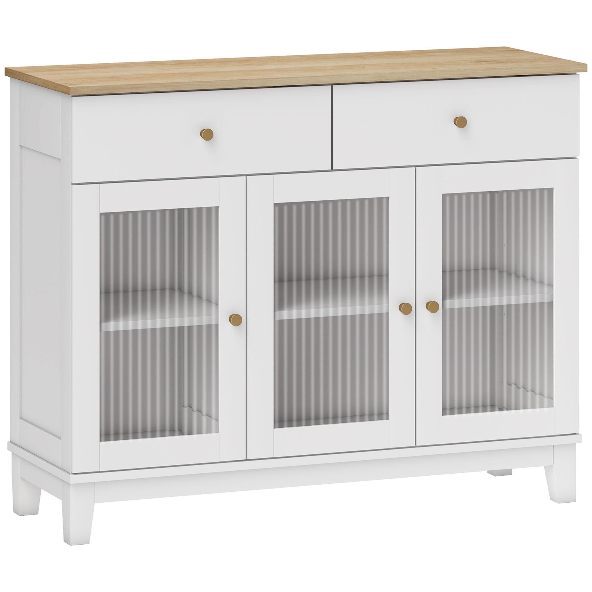 Aparador Branco 3 Portas de Vidro Aparador Sala de Estar Moderno com 2 Gavetas e Prateleiras Ajustáveis 100x35x80,3 cm