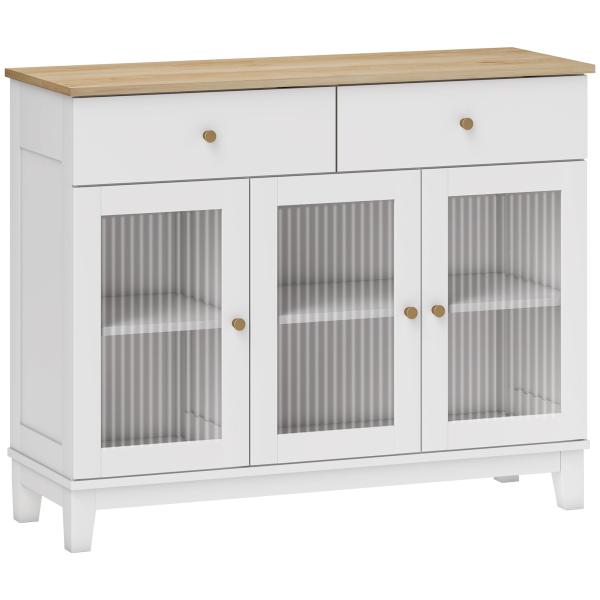 Aparador Branco 3 Portas de Vidro Aparador Sala de Estar Moderno com 2 Gavetas e Prateleiras Ajustáveis 100x35x80,3 cm