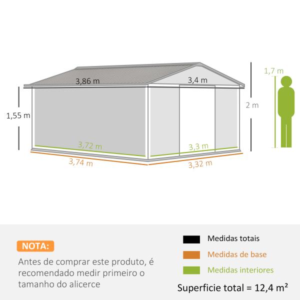 Abrigo de Jardim 340x386x200 cm 13,1 m² Abrigo de Exterior de Aço com Portas de Correr e Ventilações Cinza Claro