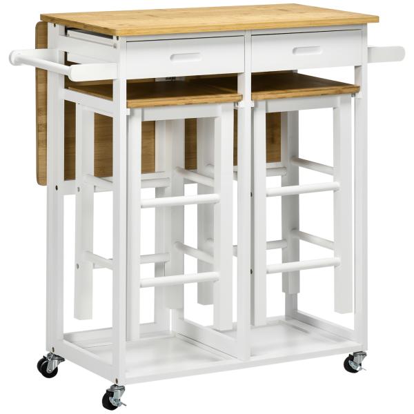 Conjunto de Mesa Alta de Bar e 2 Bancos com Rodas Mesa Dobrável de Cozinha com Bancos 86x75,5x83,5 cm Natural