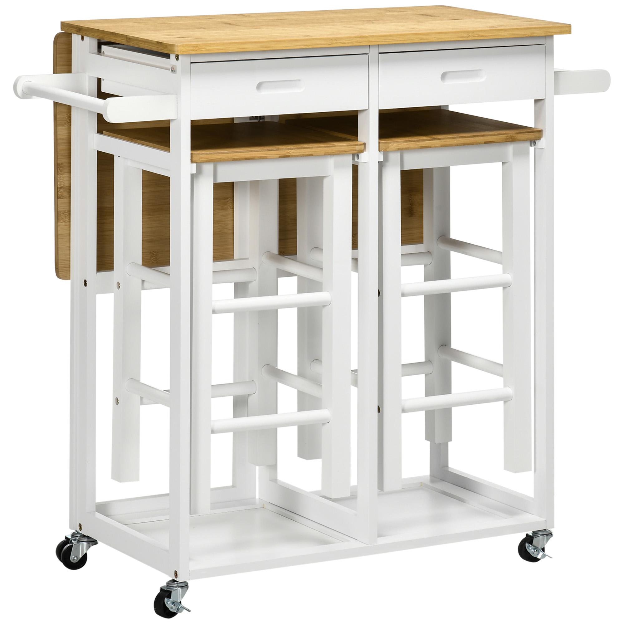 Conjunto de Mesa Alta de Bar e 2 Bancos com Rodas Mesa Dobrável de Cozinha com Bancos 86x75,5x83,5 cm Natural
