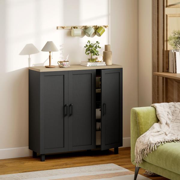 Aparador para Sala de Estar Móvel Buffet com 3 Portas e Prateleiras Ajustáveis 90x30x90 cm Preto e Madeira