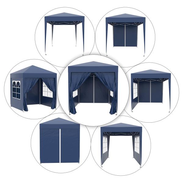 Tenda Dobrável 2x2 m Tenda de Jardim com 4 Paredes Laterais Tecido Oxford 2 Portas 2 Janelas e Bolsa de Transporte para Exterior Terraço Campismo Festas Azul