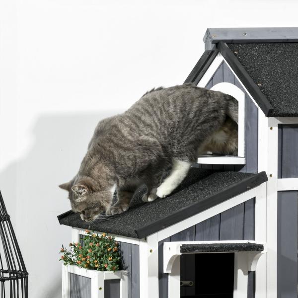 Casa para Gatos de Madeira com Suporte para Flores de 2 Níveis e Teto Asfáltico 96x65x85,5 cm Cinza