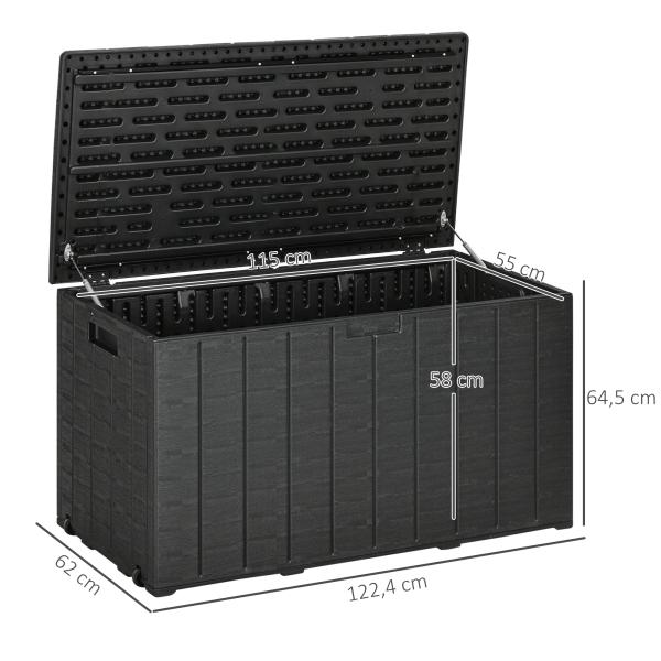 Baú de Armazenamento Exterior 366L com Parede Dupla Rodas Alças para Varanda Pátio Carga 100 kg 122,4x62x64,5 cm Preto