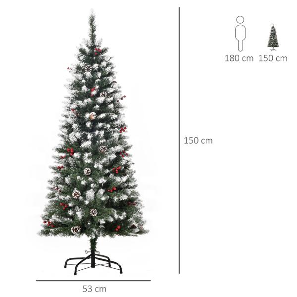 Árvore de Natal Artificial 150cm com 408 Ramos 28 Bagas 24 Pinhas Folhas de PVC e Suporte Metálico para Interiores Verde
