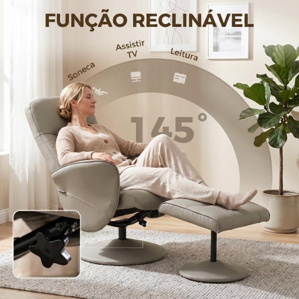 Cadeira Relax Reclinável com Otomana Encosto Alto Giratória 360° Apoios de Braços Bege Cinzento
