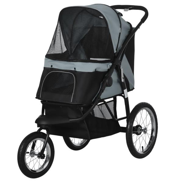 Carrinho para Cães Dobrável para Cães Médios e Pequenos com Cesta de Armazenamento Capota Ajustável 111x58x107 cm Cinza
