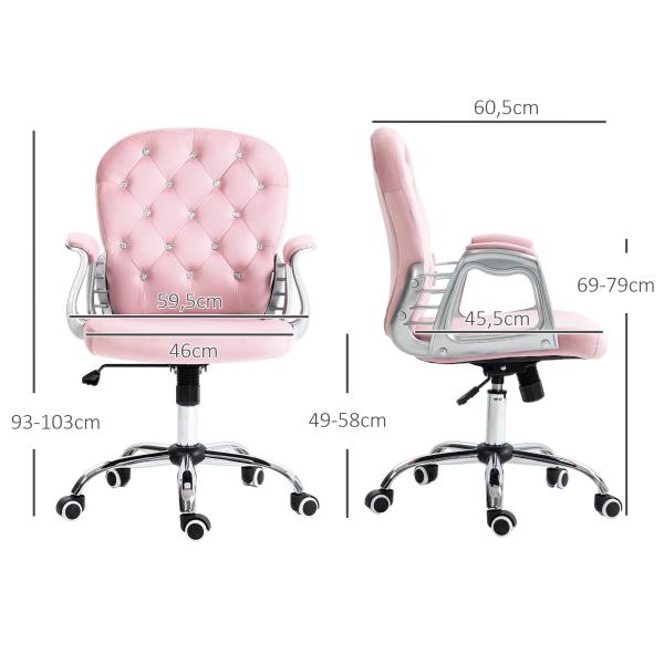 Cadeira de Escritório Estofada em Veludo Cadeira Giratória com Altura Ajustável e Decorações de Cristal 59,5x60,5x103 cm Rosa