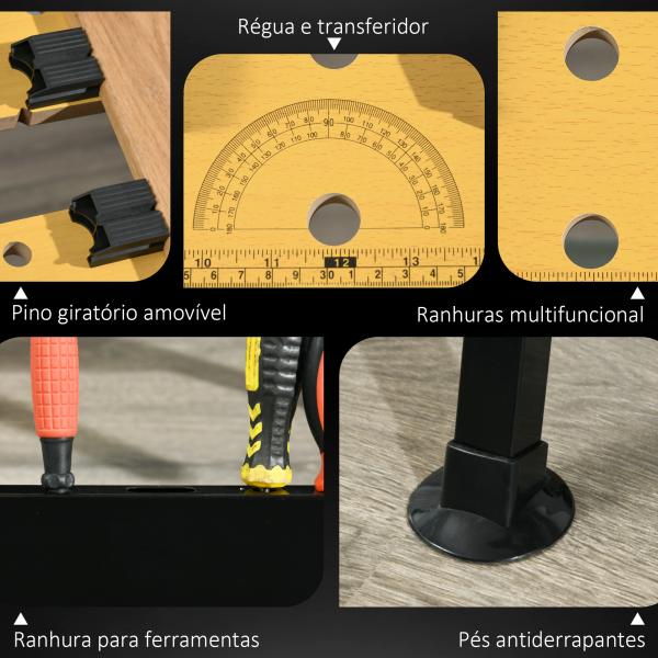 Bancada de trabalho ajustável em altura com 4 pinos giratórios com tabletes ajustáveis em ângulo e distância 65x60,5x85 - 110 cm Madeira natural e preta