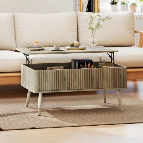 Mesa de Centro Elevatória com Compartimentos Ocultos de Armazenamento e Pés de Pinho 91x56x43 cm Carvalho
