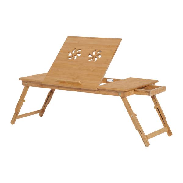 Mesa de Computador Portátil de Bambu Dobrável Reclinável e Altura Ajustável Mesa Auxiliar com1 Gaveta 72x35x22 - 30 cm Madeira