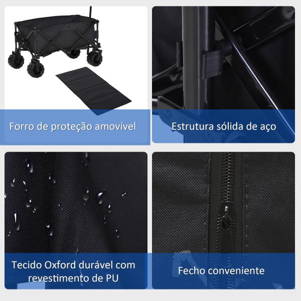 Carrinho de Transporte Dobrável com Rodas Giratórias 360° e Guiador Ajustável 59 - 89 cm para Campismo Praia 108x55x61 - 91 cm Preto