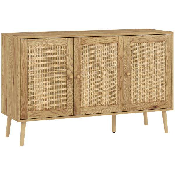 Aparador para Sala de Estar com 3 Portas em Vime Aparador Estilo Boémio, com Prateleiras Ajustáveis 120x40x75 cm Madeira