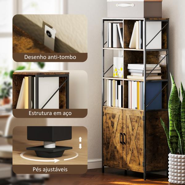 Estante de 6 Níveis Estante de Livros com Compartimentos Abertos 2 Portas Estilo Industrial 75x34x172 cm Castanho Rústico