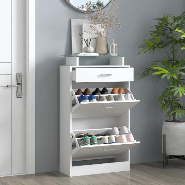 Móvel Sapateira de 2 Portas Sapateira Estreito para 12 Pares de Sapatos com Gaveta Prateleira Aberta e Bancada de Vidro para Corredor Entrada Carga Máx. 50kg 60x24x105,5cm Branco