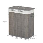 Cesto para Roupa Suja de Bambú Capacidade de 100L com Tampa Removível Bolsa com 2 Compartimentos 52x32x63 cm Cinza