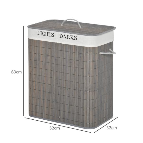 Cesto para Roupa Suja de Bambú Capacidade de 100L com Tampa Removível Bolsa com 2 Compartimentos 52x32x63 cm Cinza