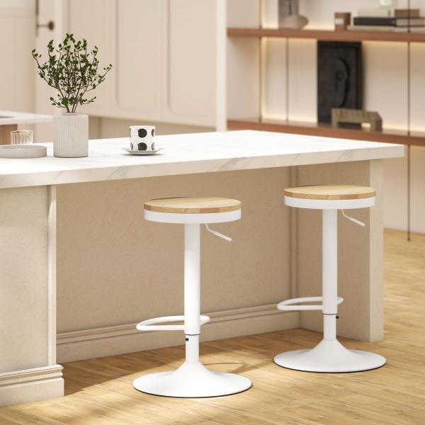 Conjunto de 2 Bancos de Bar Giratórios Bancos Altos de Cozinha com Descanso para Pés 38,5x38,5x60 - 80 cm Madeira e Branco