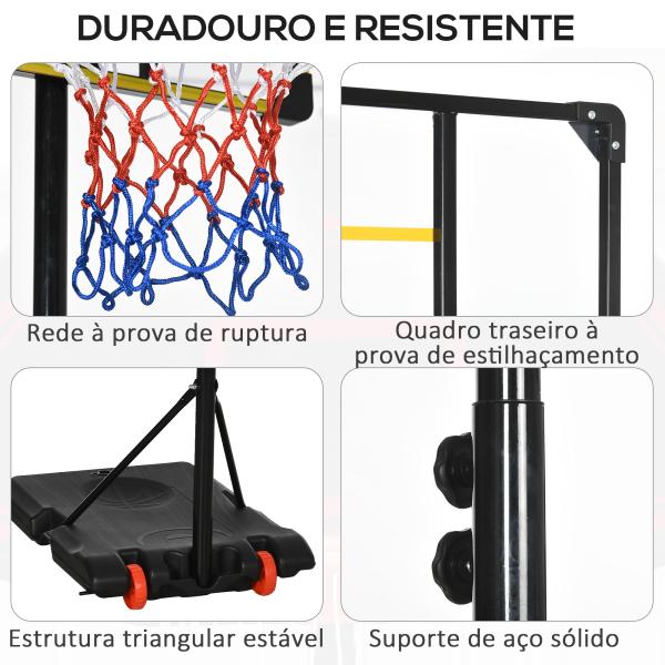 Tabela de Basquetebol com Altura Ajustável 178 - 208 cm Rodas Base Recarregável para Exterior 75x56x210 - 240 cm Amarelo e Preto