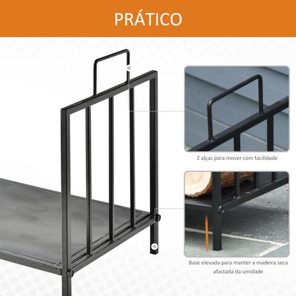Prateleira de lenha para lareira tradicional Armazenamento de madeira com alças 44,5x33x46,5 cm Preto