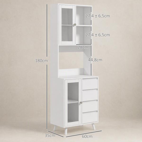 Armário de Cozinha com 2 Armários com Portas de Vidro Temperado 2 Compartimentos Abertos 4 Gavetas e Prateleiras Ajustáveis 60x35x180 cm Branco