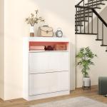 Móvel Sapateira de Entrada com Luzes LED Prateleira Aberta e 2 Gavetas Basculantes para 12 - 16 Pares 80x24x99,5 cm Branco Brilhante