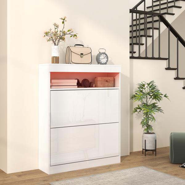 Móvel Sapateira de Entrada com Luzes LED Prateleira Aberta e 2 Gavetas Basculantes para 12 - 16 Pares 80x24x99,5 cm Branco Brilhante