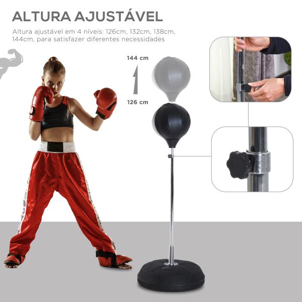 Saco de Boxe de Pé Punching Ball com Altura Ajustável em 4 Níveis 126 - 144 cm Base Preenchível e Luvas de Boxe para Adultos e Adolescentes Preto