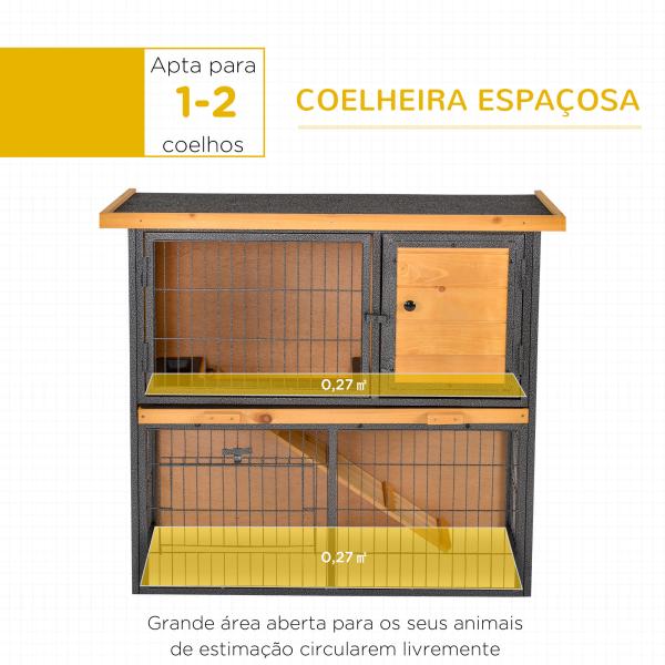 Coelheira de Exterior de Madeira para Animais Pequenos 2 Níveis com Rampa Bandeja Removível Portas com Fechaduras 89,5x45x81 cm Madeira e Cinza