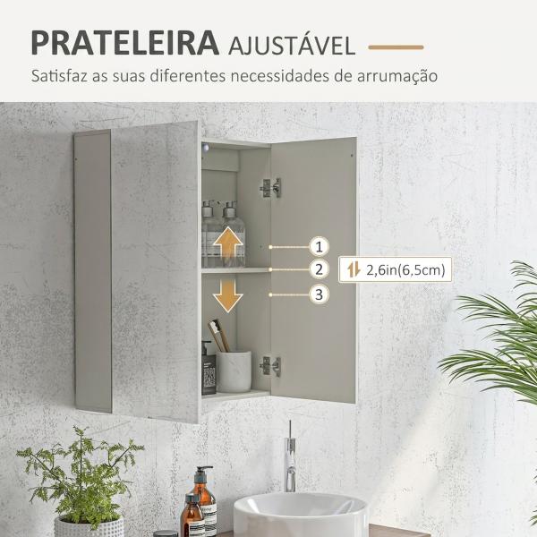 Armário de Casa de Banho com Espelho de Parede com 2 Portas e Prateleira Ajustável Fecho Suave 60x15x70 cm Branco