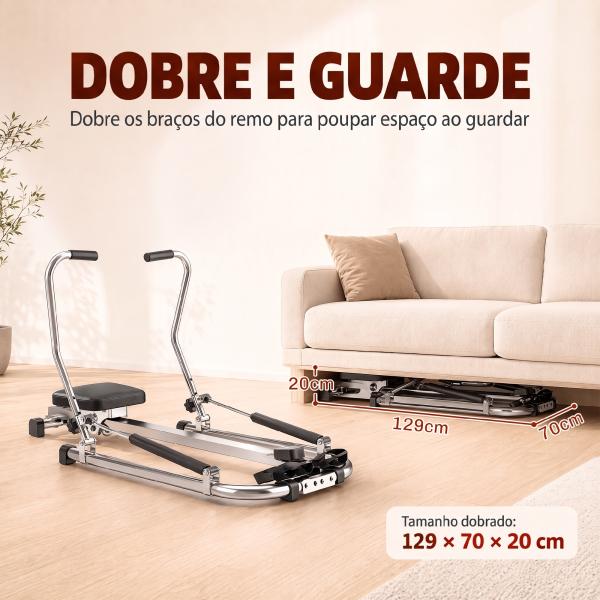 Máquina de Remo Hidráulico Dobrável com 4 Níveis de Resistência Ecrã Digital e Pedal Antiderrapante para Fitness em Casa Aço 129x70x70cm Preto e Prata