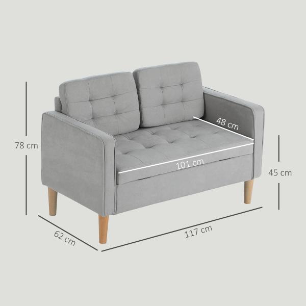 Sofá de 2 Lugares com Espaço de Armazenamento Pés de Madeira Encosto Capitonê 117x62x78 cm Cinzento Claro