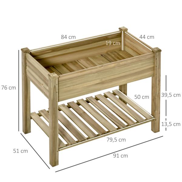 Horta Urbana de Madeira com Prateleira Mesa de Cultivo Retangular com Orifícios de Drenagem para Cultivos Plantas Jardim Terraço Exterior Carga 80 kg 91x51x76 cm Natural