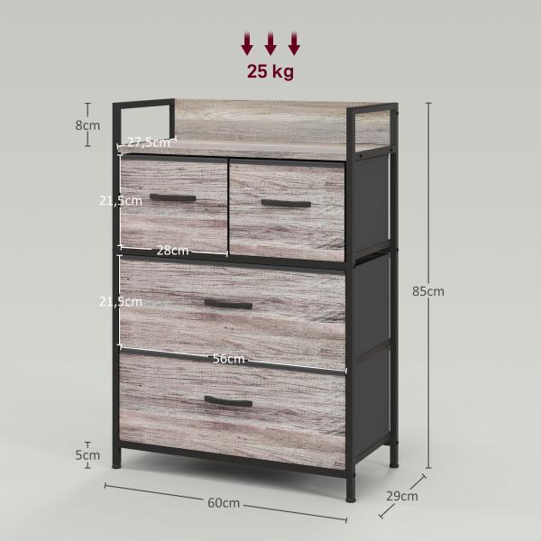 Cómoda de Quarto Armário de Armazenamento com 4 Gavetas Dobráveis Prateleira Aberta e Estrutura de Aço para Sala Entrada 60x29x85 cm Cinzento