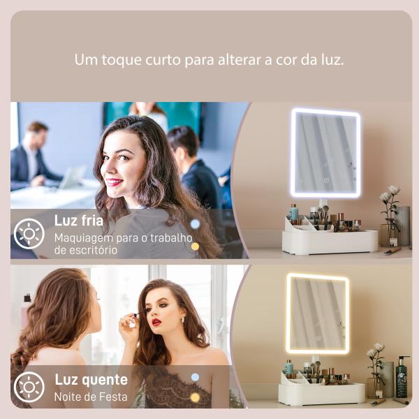Espelho de Maquilhagem com Luz LED Espelho de Toucador Recarregável com 2 Modos de Iluminação Rotação de 180° 22x13,8x38 cm Branco