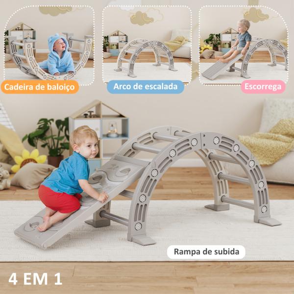 Escalada para Crianças de 18 - 48 Meses 4 em 1 com Arco de Escalada Baloiço Rampa e Escorrega 164x70x57 cm Cinza e Branco