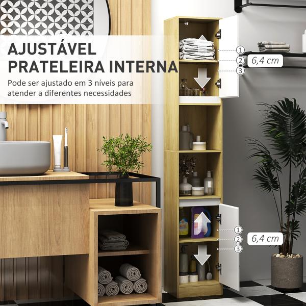 Coluna Casa de Banho com 2 Prateleiras Abertas Armário Alto para Casa de Banho 30x24x170 cm Madeira e Branco