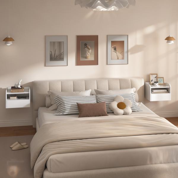 Conjunto de 2 Mesas de Cabeceira Flutuantes com Estação de Carregamento Gaveta Prateleira Aberta Estilo Moderno 40x29x29 cm Branco