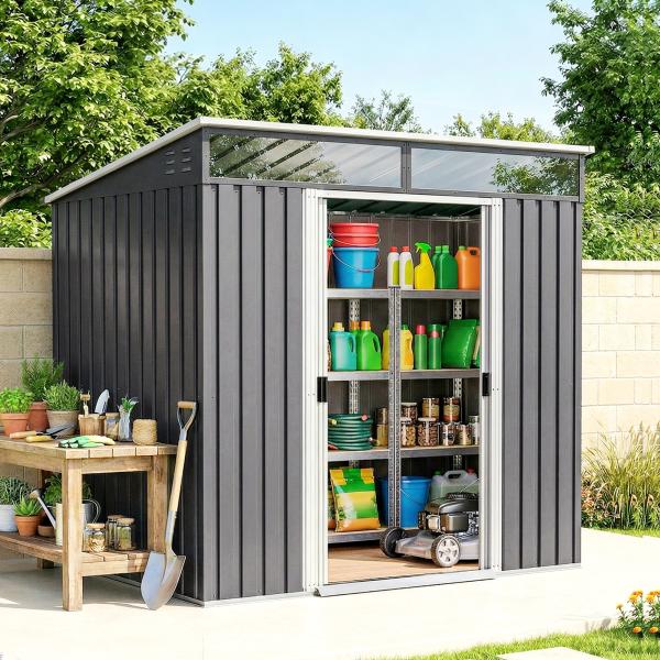 Abrigo de Jardim 2 m² 195x122x181,5 cm Abrigo de Armazenamento Metálico com Porta de Correr e 2 Janelas Cinza Escuro