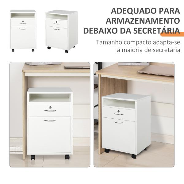 Bloco de Gavetas de Escritório com 4 Rodas Fechadura Prateleira Aberta e Armário 40x35x60 cm Branco