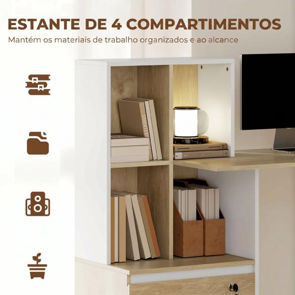Secretária de Escritório com 4 Prateleiras e Gaveta de Arquivo A4 com Fechadura e 2 Chaves para Espaços Pequenos, Carvalho