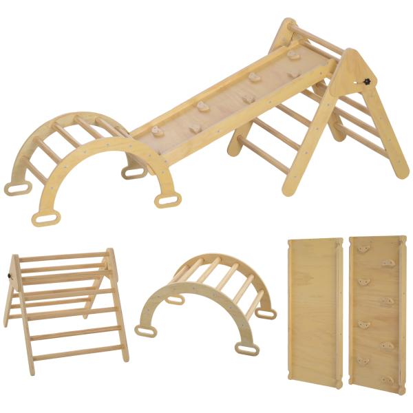 Triângulo de Escalada de Madeira 5 em 1 Escada para Crianças de 18 - 48 Meses com Rampa e Arco de Escalada 178x64,5x63 cm Madeira