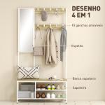 Móvel Cabide de Entrada com Espelho e Sapateira 4 em 1 com 3 Prateleiras Banco 10 Ganchos 98x34x186 cm Madeira