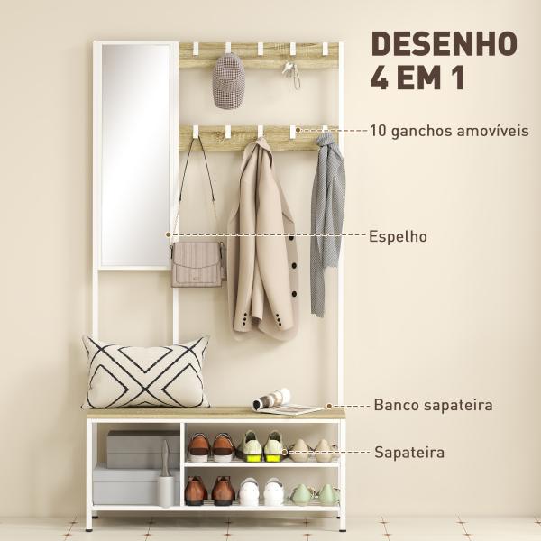 Móvel Cabide de Entrada com Espelho e Sapateira 4 em 1 com 3 Prateleiras Banco 10 Ganchos 98x34x186 cm Madeira