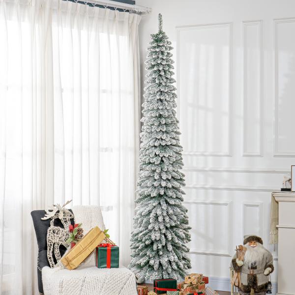 Árvore de Natal Estreita Nevada 240 cm com 603 Ramos e Suporte Metálico Dobrável para Sala de Estar, Interior, Verde