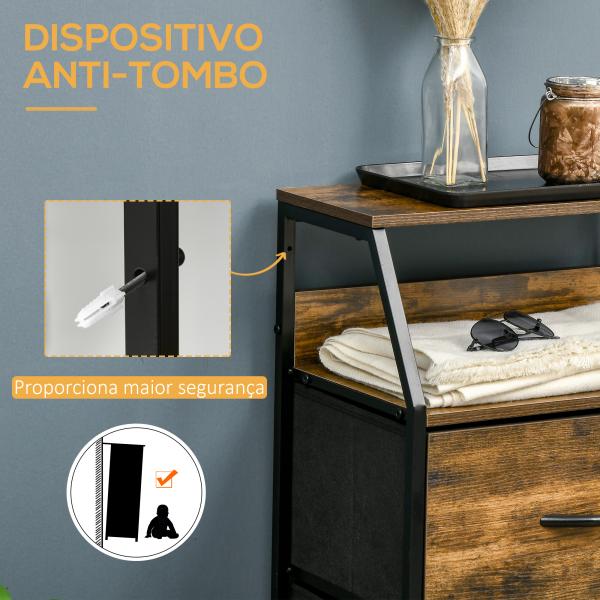Cómoda com 3 Gavetas de Tecido Dobrável e Prateleira Móvel de Armazenamento Estilo Industrial 44x29x92cm Marrom Rústico